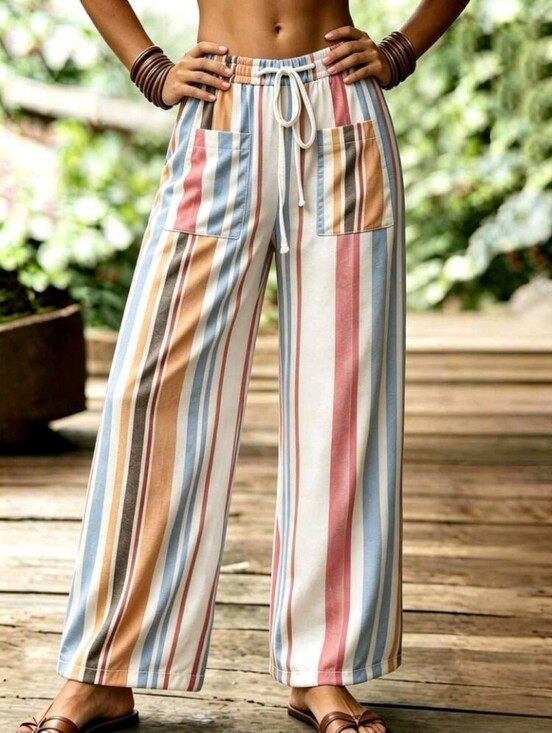 Pants - Women's Pink And White Striped Loose Wide-Leg Pants,Textured Linen-Like Fabric